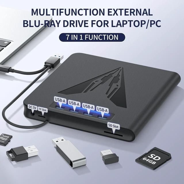 Alt view image 2 of 5 - 7 IN 1 External Blu Ray Drive & Burner for PC Laptop, Portable Blu Ray DVD CD Writer with 100GB BD Disc Support, Built-in SD/TF Card Reader & USB 3.0 Hub, Compatible with Windows MacOS Linux7 IN 1