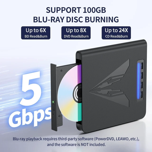 Alt view image 3 of 5 - 7 IN 1 External Blu Ray Drive & Burner for PC Laptop, Portable Blu Ray DVD CD Writer with 100GB BD Disc Support, Built-in SD/TF Card Reader & USB 3.0 Hub, Compatible with Windows MacOS Linux7 IN 1