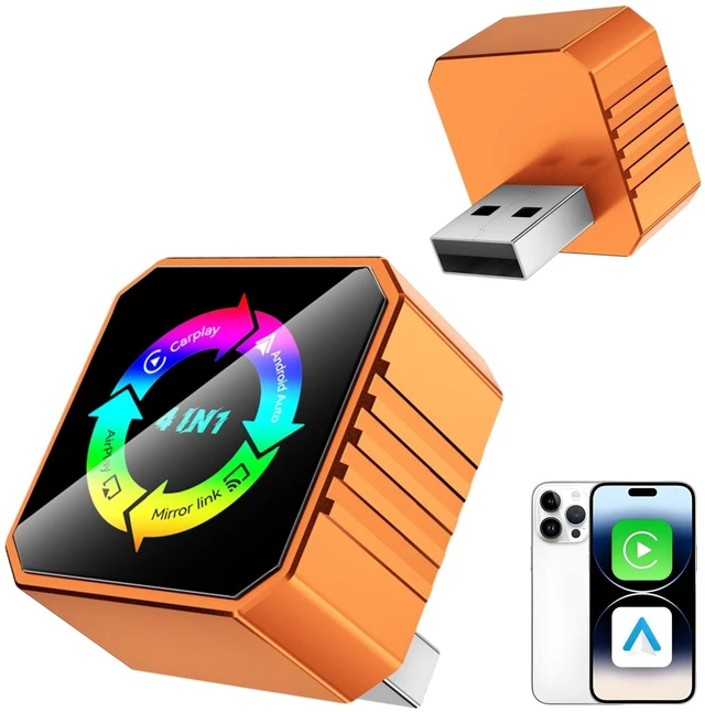 Main image of 2026 4-in-1 Wireless CarPlay & Android Auto Adapter, AirPlay MirrorLink Screen Mirroring Dongle, 5.8G WiFi BT 5.3, USB/C Plug & Play for OEM Wired Cars (Orange) (Orange)