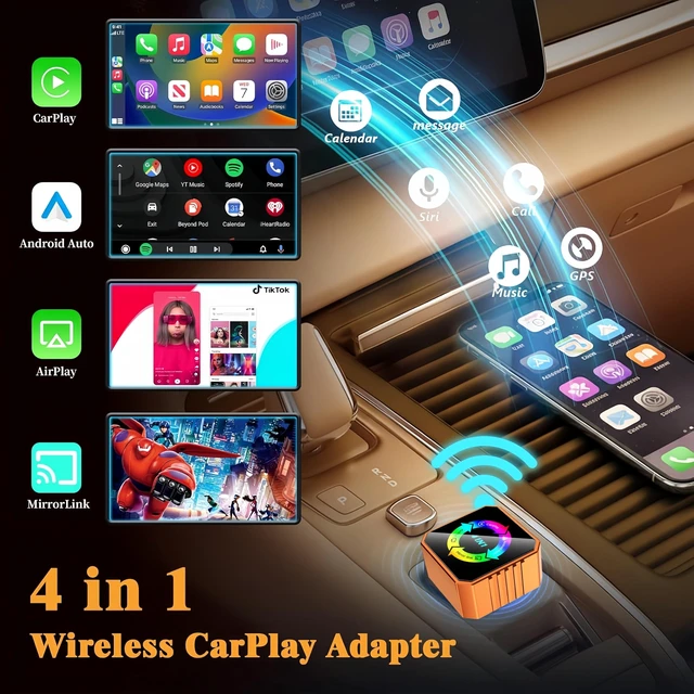 Alt view image 3 of 5 - 2026 4-in-1 Wireless CarPlay & Android Auto Adapter, AirPlay MirrorLink Screen Mirroring Dongle, 5.8G WiFi BT 5.3, USB/C Plug & Play for OEM Wired Cars (Orange) (Orange)