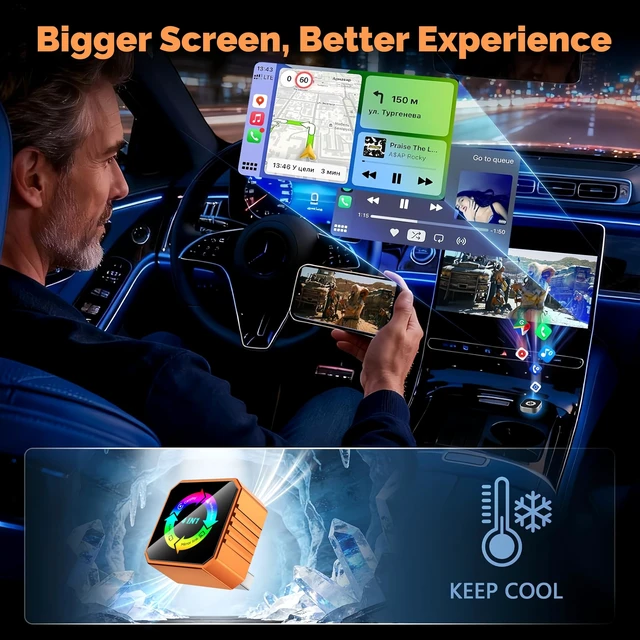 Alt view image 5 of 5 - 2026 4-in-1 Wireless CarPlay & Android Auto Adapter, AirPlay MirrorLink Screen Mirroring Dongle, 5.8G WiFi BT 5.3, USB/C Plug & Play for OEM Wired Cars (Orange) (Orange)