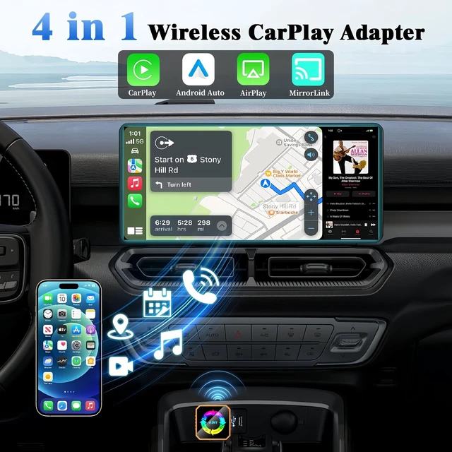 Alt view image 2 of 5 - 2026 4-in-1 Wireless CarPlay & Android Auto Adapter, AirPlay MirrorLink Screen Mirroring Dongle, 5.8G WiFi BT 5.3, USB/C Plug & Play for OEM Wired Cars (Orange) (Orange)