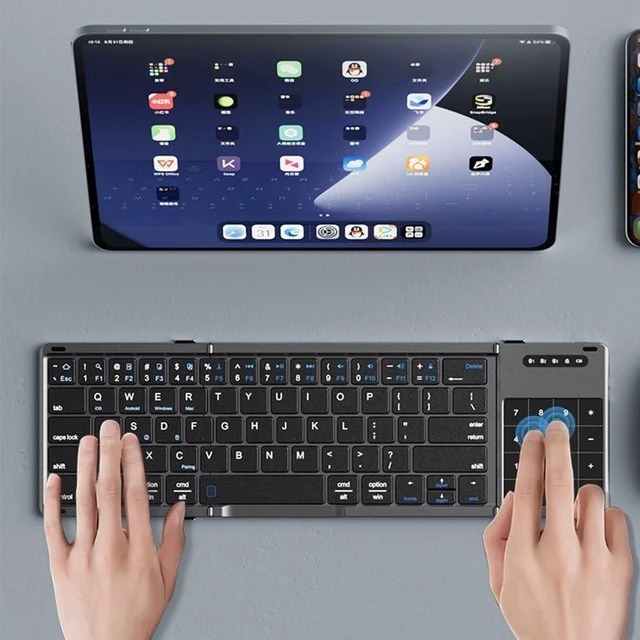 Alt view image 2 of 5 - Samudgate Bluetooth Keyboard Foldable with Numeric TouchPad Portable Tri-Fold Wireless Keyboard Portable Slim Design Rechargeable for iPad/Mac/Windows/Android/iOS (Silver)