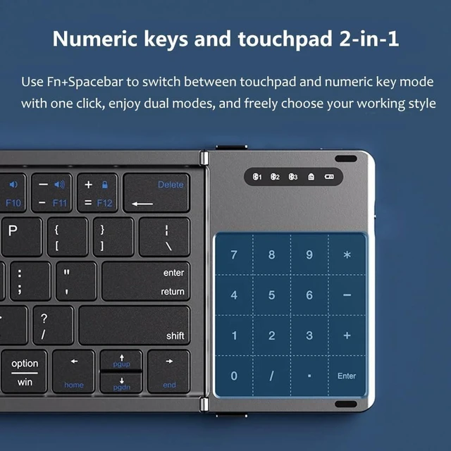 Alt view image 3 of 5 - Samudgate Bluetooth Keyboard Foldable with Numeric TouchPad Portable Tri-Fold Wireless Keyboard Portable Slim Design Rechargeable for iPad/Mac/Windows/Android/iOS (Silver)