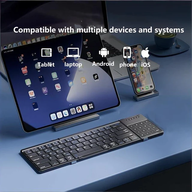 Alt view image 4 of 5 - Samudgate Bluetooth Keyboard Foldable with Numeric TouchPad Portable Tri-Fold Wireless Keyboard Portable Slim Design Rechargeable for iPad/Mac/Windows/Android/iOS (Silver)