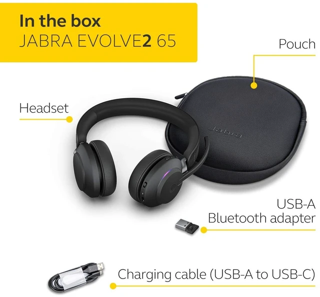 Alt view image 2 of 5 - Jabra Evolve2 65 MS Wireless Headphones with Link380a, Stereo, Black Wireless Bluetooth Headset for Calls and Music, 37 Hours of Battery Life, Passive Noise Cancelling Headphones