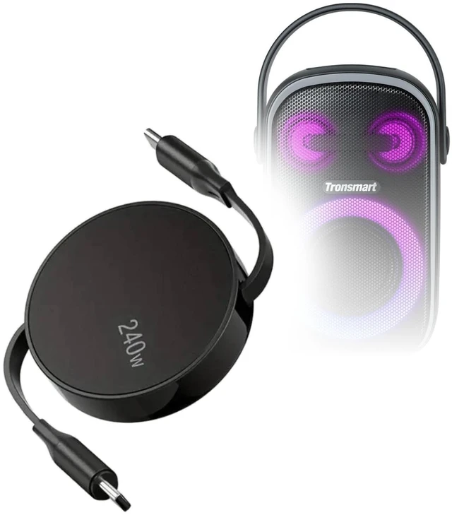 Main image of BoxWave Cable Compatible with Tronsmart Halo 110 Portable Party Speaker - PD miniSync (240W), Retractable PD 240W Portable USB Type-C Cable - Jet Black