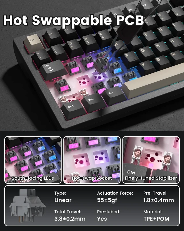 Alt view image 5 of 5 - Typehaven L80 75% Wireless Gaming Keyboard, Mechanical Keyboard with Knob