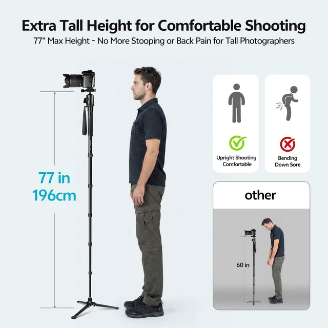 Alt view image 2 of 5 - TONYBOO 77" Camera Monopod, Heavy Duty 28mm Aluminum Monopod for DSLR Cameras, 22 lbs Load Capacity, 6-Section Compact Travel Monopod with 1/4" & 3/8" Reversible Screw for Wildlife, Photography