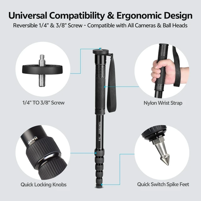 Alt view image 5 of 5 - TONYBOO 77" Camera Monopod, Heavy Duty 28mm Aluminum Monopod for DSLR Cameras, 22 lbs Load Capacity, 6-Section Compact Travel Monopod with 1/4" & 3/8" Reversible Screw for Wildlife, Photography