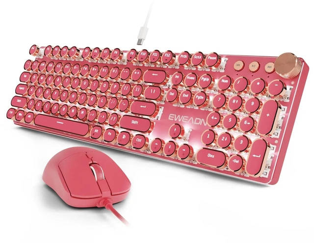 Main image of Wired Typewriter Keyboard and Mouse Combo, Low Noise White Switch-Hot Pink