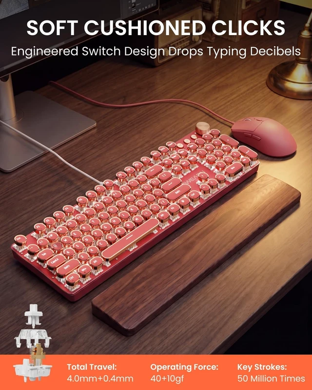Alt view image 2 of 5 - Wired Typewriter Keyboard and Mouse Combo, Low Noise White Switch-Hot Pink