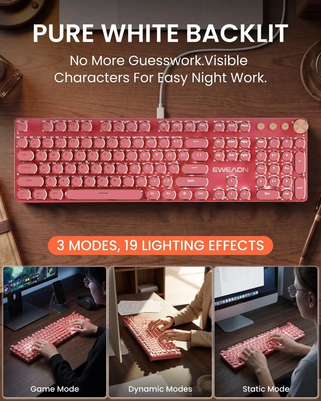 Alt view image 3 of 5 - Wired Typewriter Keyboard and Mouse Combo, Low Noise White Switch-Hot Pink
