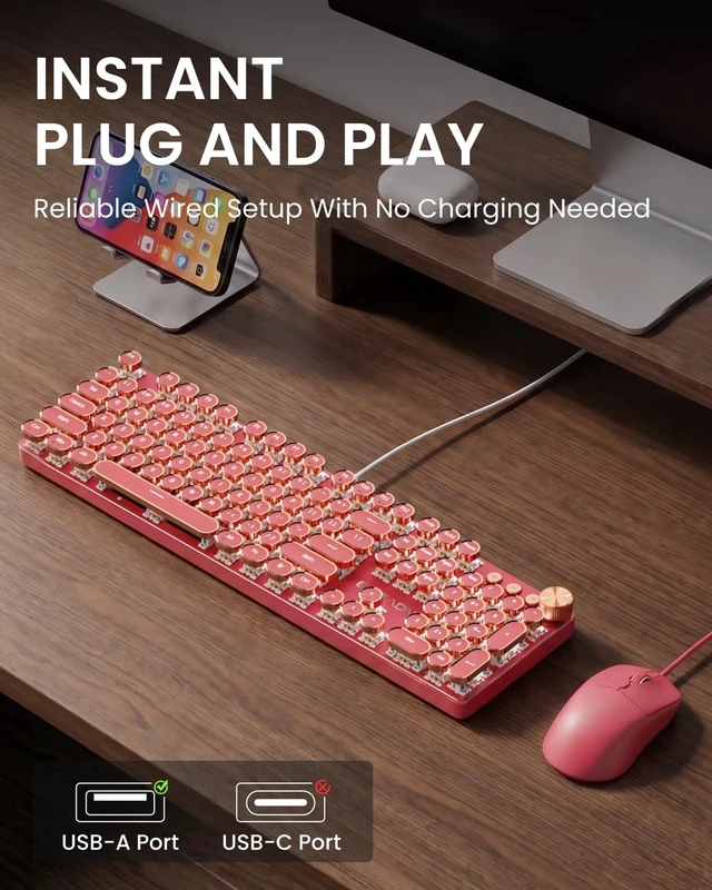 Alt view image 5 of 5 - Wired Typewriter Keyboard and Mouse Combo, Low Noise White Switch-Hot Pink