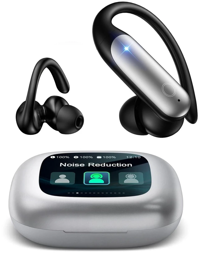 Main image of LEEMC Wireless Earbuds, Bluetooth Headphones 6.0, Ear Buds with Touch Screen, ANC ENC Noise Cancelling, 40H Bass Stereo Sound Over-Ear Earphones for iOS, Android, Sports, Workout, Silver