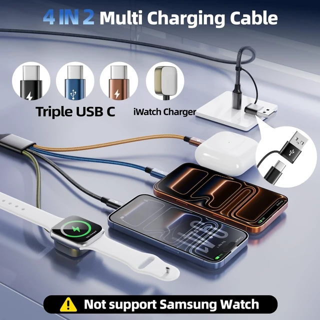Alt view image 2 of 5 - Travel Essentials Triple USB C 4in2 Multi Charging Cable for iWatch Charger
