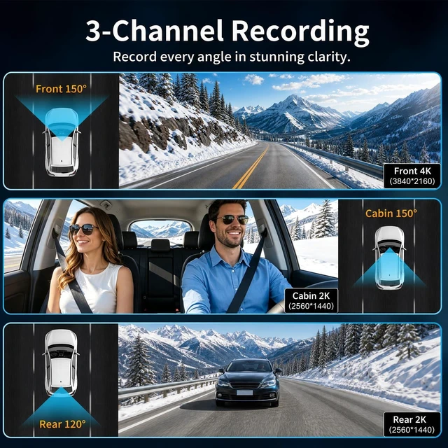Alt view image 2 of 5 - SIXTOP 3 Channel Rear View Mirror Camera 4K Front 2K Inside and Rear Triple Mirror Dash Cam 9.66 IPS Touchscreen Night Vision WiFi G-Sensor ADAS Loop Record Reverse Assist 24/7 Monitor 64GB Card