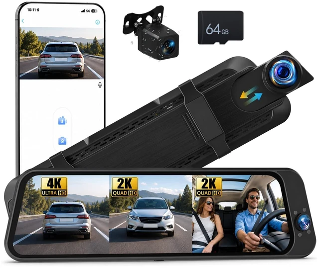 Main image of SIXTOP 3 Channel Rear View Mirror Camera 4K Front 2K Inside and Rear Triple Mirror Dash Cam 9.66 IPS Touchscreen Night Vision WiFi G-Sensor ADAS Loop Record Reverse Assist 24/7 Monitor 64GB Card