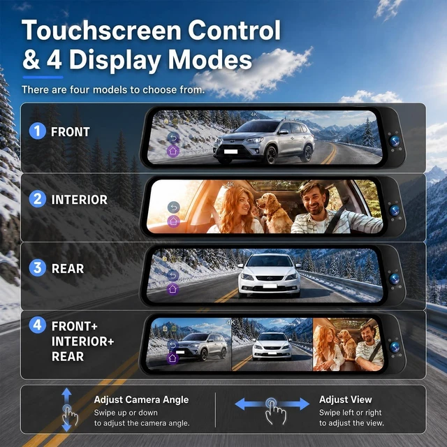 Alt view image 3 of 5 - SIXTOP 3 Channel Rear View Mirror Camera 4K Front 2K Inside and Rear Triple Mirror Dash Cam 9.66 IPS Touchscreen Night Vision WiFi G-Sensor ADAS Loop Record Reverse Assist 24/7 Monitor 64GB Card