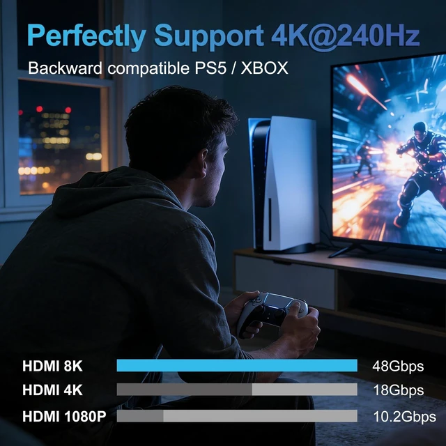 Alt view image 4 of 5 - 8K HDMI 2.1 Cable, Certified 8K@60Hz & 4K@120Hz, 48Gbps, Dynamic HDR, eARC, Braided Nylon, Compatible with PS5, Xbox Series X, Apple TV, 4K/8K TVs, Gaming Monitors, Receivers,10 FT/2 pk
