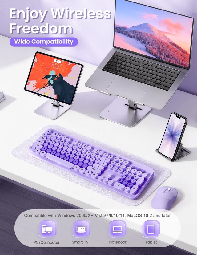 Alt view image 2 of 5 - SOPPY Wireless Keyboard and Mouse Combo, Round Keycaps, Retro Typewriter Keyboard, 2.4GHz USB Receiver Plug and Play,Full-Size, Compatible with PC/Desktop/Laptop/Windows, US Layout, Colorful Pu
