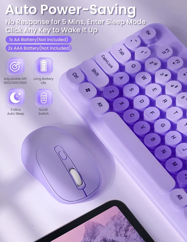 Alt view image 4 of 5 - SOPPY Wireless Keyboard and Mouse Combo, Round Keycaps, Retro Typewriter Keyboard, 2.4GHz USB Receiver Plug and Play,Full-Size, Compatible with PC/Desktop/Laptop/Windows, US Layout, Colorful Pu