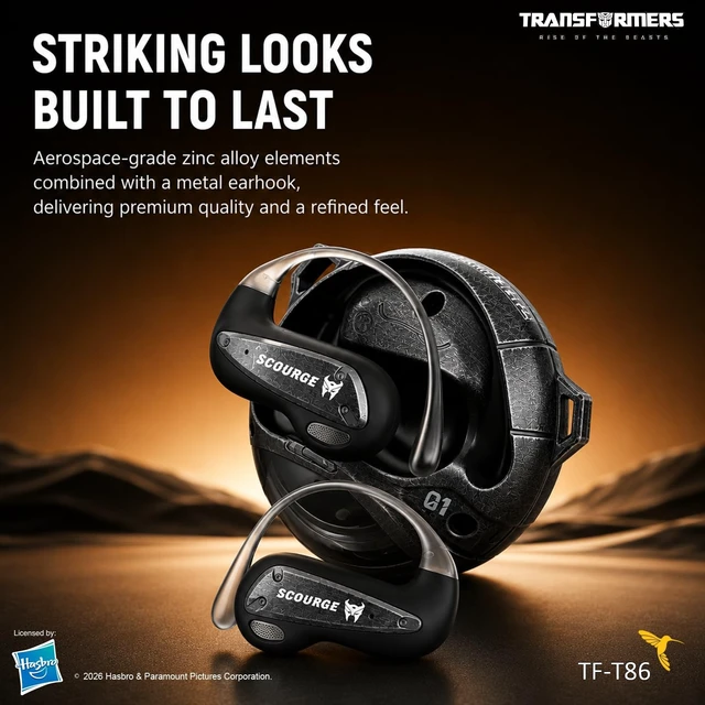 Alt view image 2 of 5 - Transformers Flux T86 Ear-Hook Bluetooth Wireless Earbuds, Heavy-Duty Zinc Alloy Armor Charging Case, 14.2mm Hi-Fi Drivers, Built-in Mic, Game & Music Modes, Sports Earphones (Scourge Black)