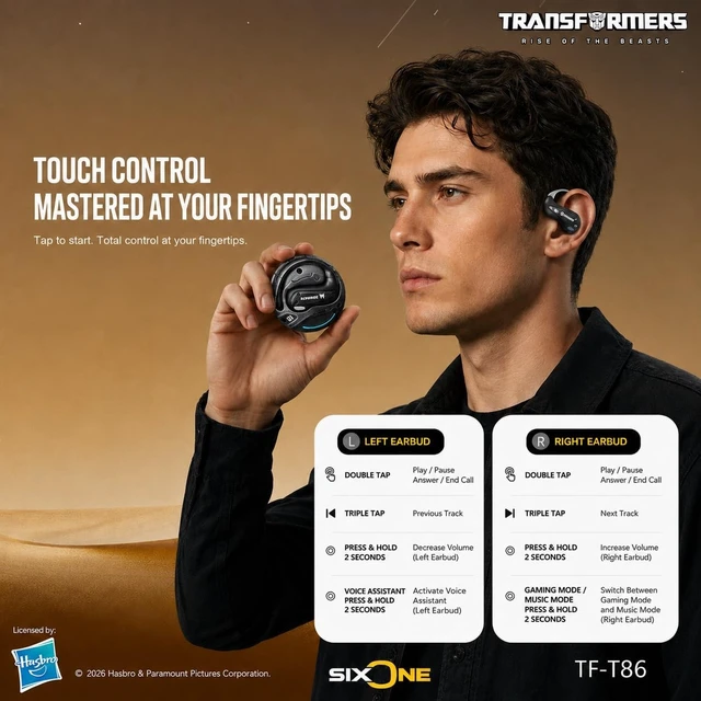 Alt view image 5 of 5 - Transformers Flux T86 Ear-Hook Bluetooth Wireless Earbuds, Heavy-Duty Zinc Alloy Armor Charging Case, 14.2mm Hi-Fi Drivers, Built-in Mic, Game & Music Modes, Sports Earphones (Scourge Black)