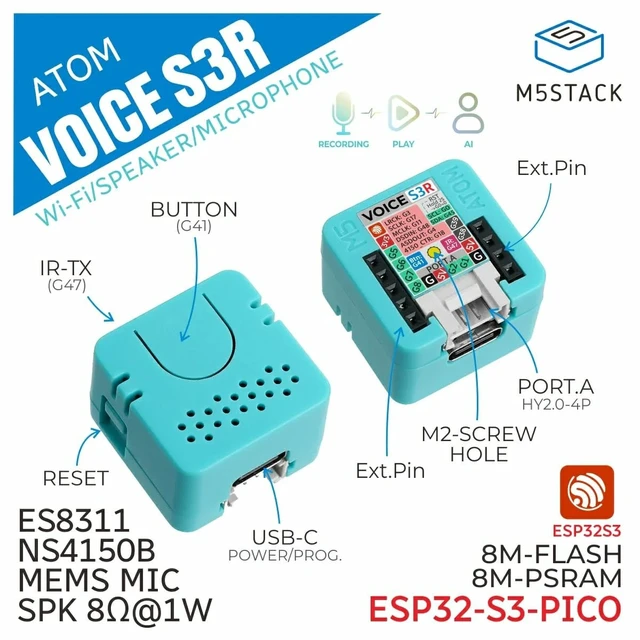 Alt view image 2 of 5 - M5Stack Atom VoiceS3R Smart Speaker Dev Kit, ESP32-S3, 8MB Flash & 8MB RAM, Dual Core 240MHz, Wi-Fi, Microphone, Amplifier, New Atom Echo for 2026!
