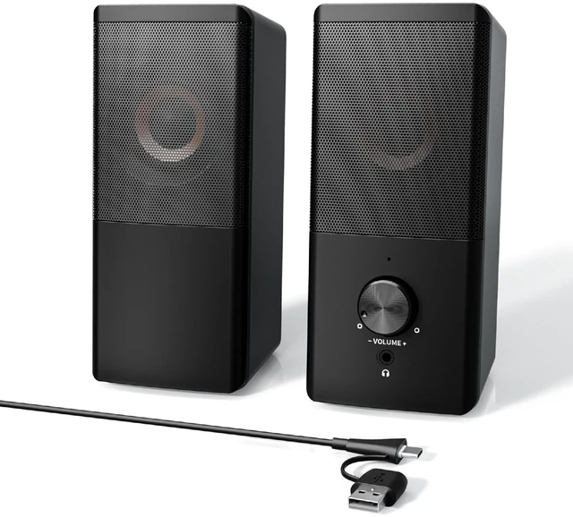 Main image of HEGMUXCO Wired Computer Speakers for Desktop PC, USB-A/USB-C Powered 2.0 Stereo Desktop Speakers with Volume Control, 3.5mm Headphone Jack for Laptop, Monitor, Home Office and Gaming, Black