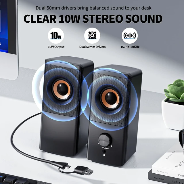 Alt view image 2 of 5 - HEGMUXCO Wired Computer Speakers for Desktop PC, USB-A/USB-C Powered 2.0 Stereo Desktop Speakers with Volume Control, 3.5mm Headphone Jack for Laptop, Monitor, Home Office and Gaming, Black