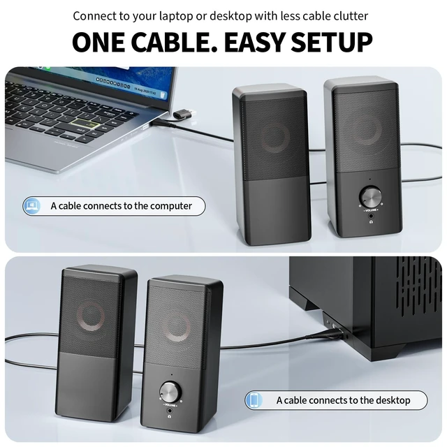 Alt view image 4 of 5 - HEGMUXCO Wired Computer Speakers for Desktop PC, USB-A/USB-C Powered 2.0 Stereo Desktop Speakers with Volume Control, 3.5mm Headphone Jack for Laptop, Monitor, Home Office and Gaming, Black