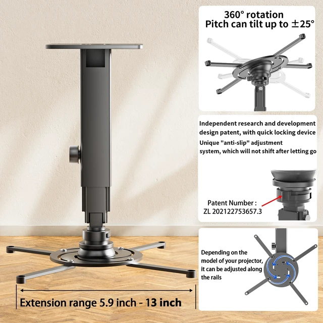 Alt view image 5 of 5 - Perfectisan Multi-Hole Projector Mount Wall for Home Theater, Office, Classroom, Universal Video Projector Ceiling Mount, Heavy Duty Aluminum Projector Stand, Load 33 lbs - Black