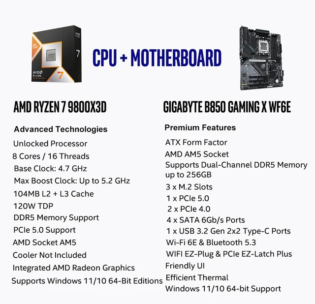 Alt view image 2 of 5 - Micro Center AMD 9800X3D Processor with GIGABYTE B850 Gaming X Motherboard