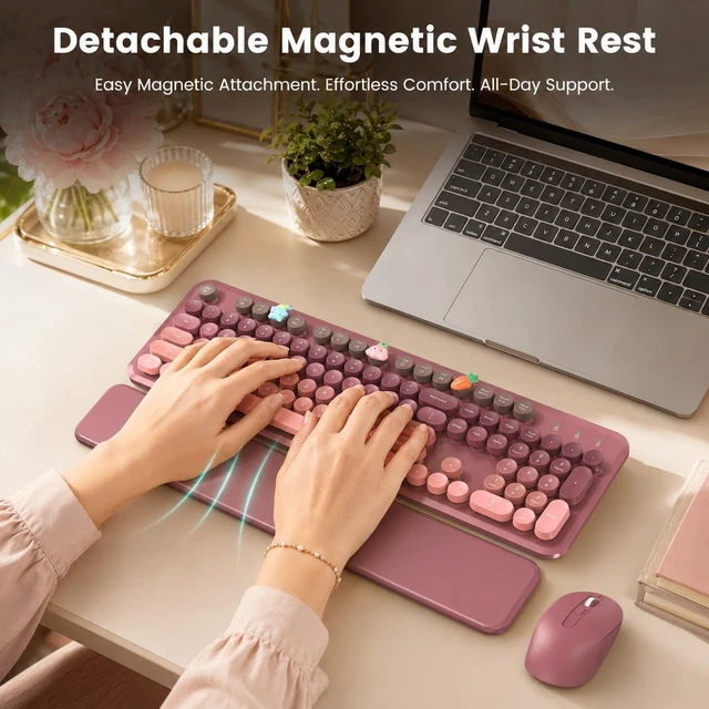 Alt view image 2 of 5 - Wireless Keyboard and Mouse Combo, Magnetic Wrist Rest, Dusty Rose Ombre