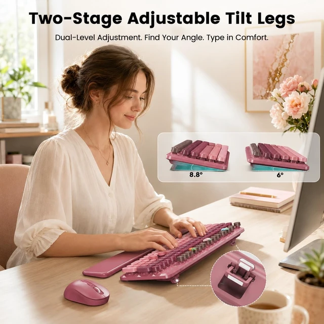 Alt view image 4 of 5 - Wireless Keyboard and Mouse Combo, Magnetic Wrist Rest, Dusty Rose Ombre
