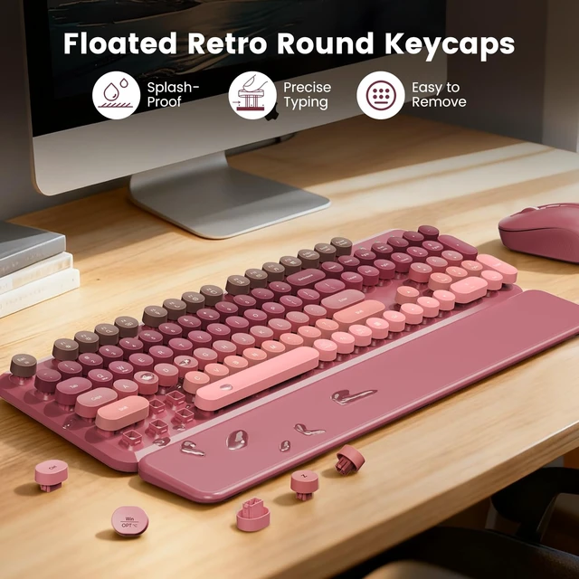 Alt view image 3 of 5 - Wireless Keyboard and Mouse Combo, Magnetic Wrist Rest, Dusty Rose Ombre