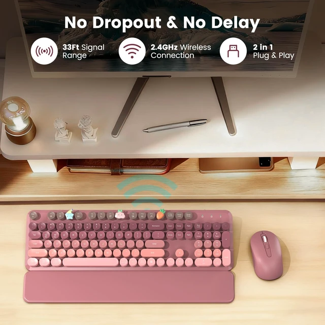 Alt view image 5 of 5 - Wireless Keyboard and Mouse Combo, Magnetic Wrist Rest, Dusty Rose Ombre
