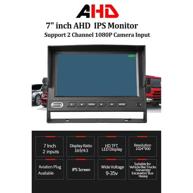 Alt view image 2 of 5 - Zwinvle 7 Inch IPS LCD Vehicle Monitor for Truck RV, AHD 1080P 500cd/m High Brightness Backup Camera Display, 12V-35V Rear View Screen with 2 Video Inputs, NTSC/PAL Auto-Switching for Semi-Truck/Bus
