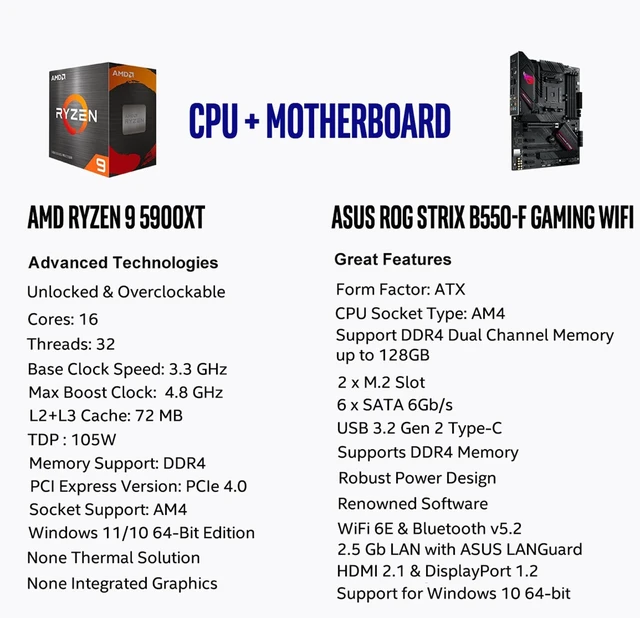 Alt view image 2 of 5 - AMD Ryzen 9 5900XT Processor with ASUS ROG Strix B550-F WiFi II Motherboard