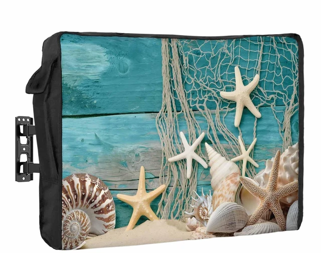 Main image of Jimehezon Ocean Marine Outdoor TV Cover 30 to 32 Inches Vintage Shell Starfish Blue Wood Grain Weatherproof&Waterproof TV Covers with Remote Control Pocket, Screen Protectors for Outside