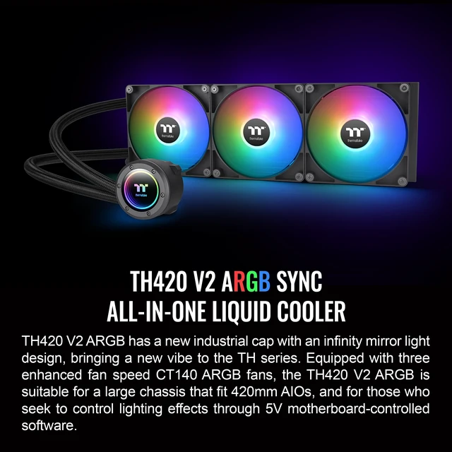 Alt view image 2 of 5 - Thermaltake TH420 ARGB Sync V2 CPU Liquid Cooler/AlO Liquid Cooling/Fan 140mm*3/PWM 500~2000 RPM/Mirror Waterblock/MB ARGB Sync Control, CL-W376-PL14SW-A , Black