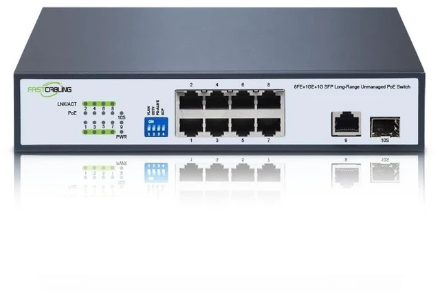 Main image of 1500ft 8 Port Long Range PoE+ Switch, PoE Extension with Continuous Run of cat5e/cat6, Fast Ethernet 10/100Mbps, 30W IEEE802.3at/af