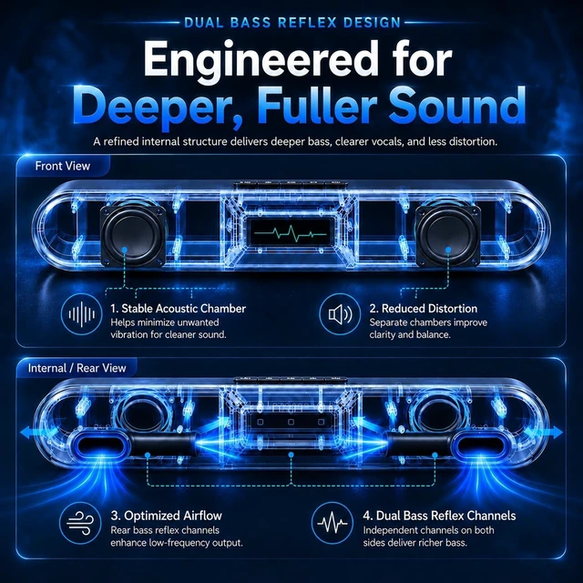 Alt view image 3 of 5 - HEGMUXCO Computer Speakers for Desktop PC, 10W Bluetooth PC Soundbar with Dual Bass Reflex, USB-C/USB-A Audio Powered, 6-Mode RGB Gaming Speaker for Monitor, Laptop and Desktop