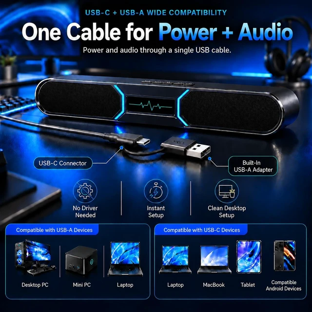 Alt view image 4 of 5 - HEGMUXCO Computer Speakers for Desktop PC, 10W Bluetooth PC Soundbar with Dual Bass Reflex, USB-C/USB-A Audio Powered, 6-Mode RGB Gaming Speaker for Monitor, Laptop and Desktop