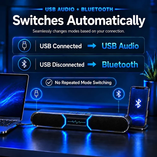 Alt view image 5 of 5 - HEGMUXCO Computer Speakers for Desktop PC, 10W Bluetooth PC Soundbar with Dual Bass Reflex, USB-C/USB-A Audio Powered, 6-Mode RGB Gaming Speaker for Monitor, Laptop and Desktop