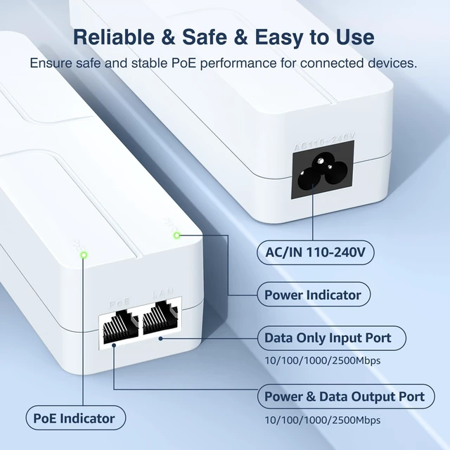 Alt view image 4 of 5 - 2.5Gb PoE++ Injector 60W,VunLink Single Port Multi-Gig Power Over Ethernet Adapter, IEEE 802.3af/at/bt, 10/100/1000/2500Mbps for WiFi 6 Access Point, PTZ Camera, Plug & Play, Up to 100m