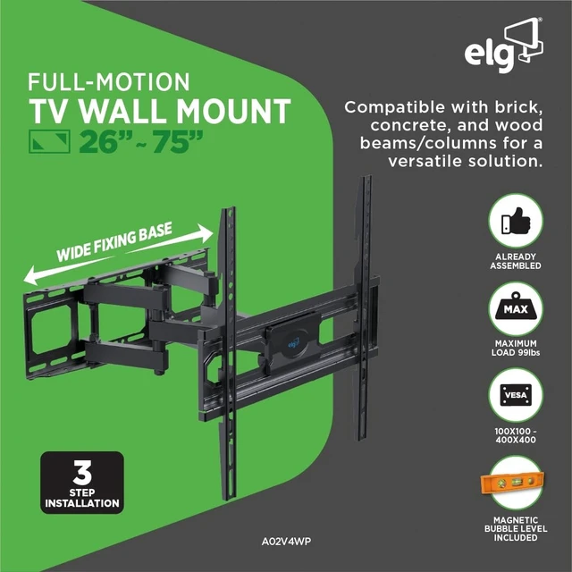 Alt view image 2 of 5 - ELG Full Motion TV Wall Mount, 99 lb Capacity, Oversized Wall Plate, Swivel & Tilt, 26-65" Screens, VESA 100x100 to 400x400mm, Pre-Assembled, Quick-Release, Heavy-Duty Steel, Black