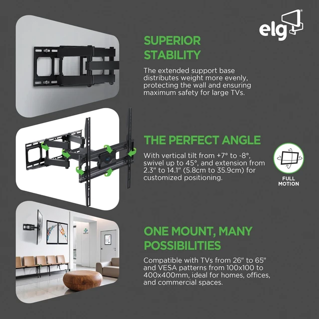 Alt view image 3 of 5 - ELG Full Motion TV Wall Mount, 99 lb Capacity, Oversized Wall Plate, Swivel & Tilt, 26-65" Screens, VESA 100x100 to 400x400mm, Pre-Assembled, Quick-Release, Heavy-Duty Steel, Black