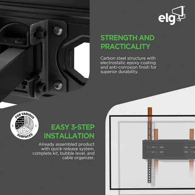 Alt view image 4 of 5 - ELG Full Motion TV Wall Mount, 99 lb Capacity, Oversized Wall Plate, Swivel & Tilt, 26-65" Screens, VESA 100x100 to 400x400mm, Pre-Assembled, Quick-Release, Heavy-Duty Steel, Black